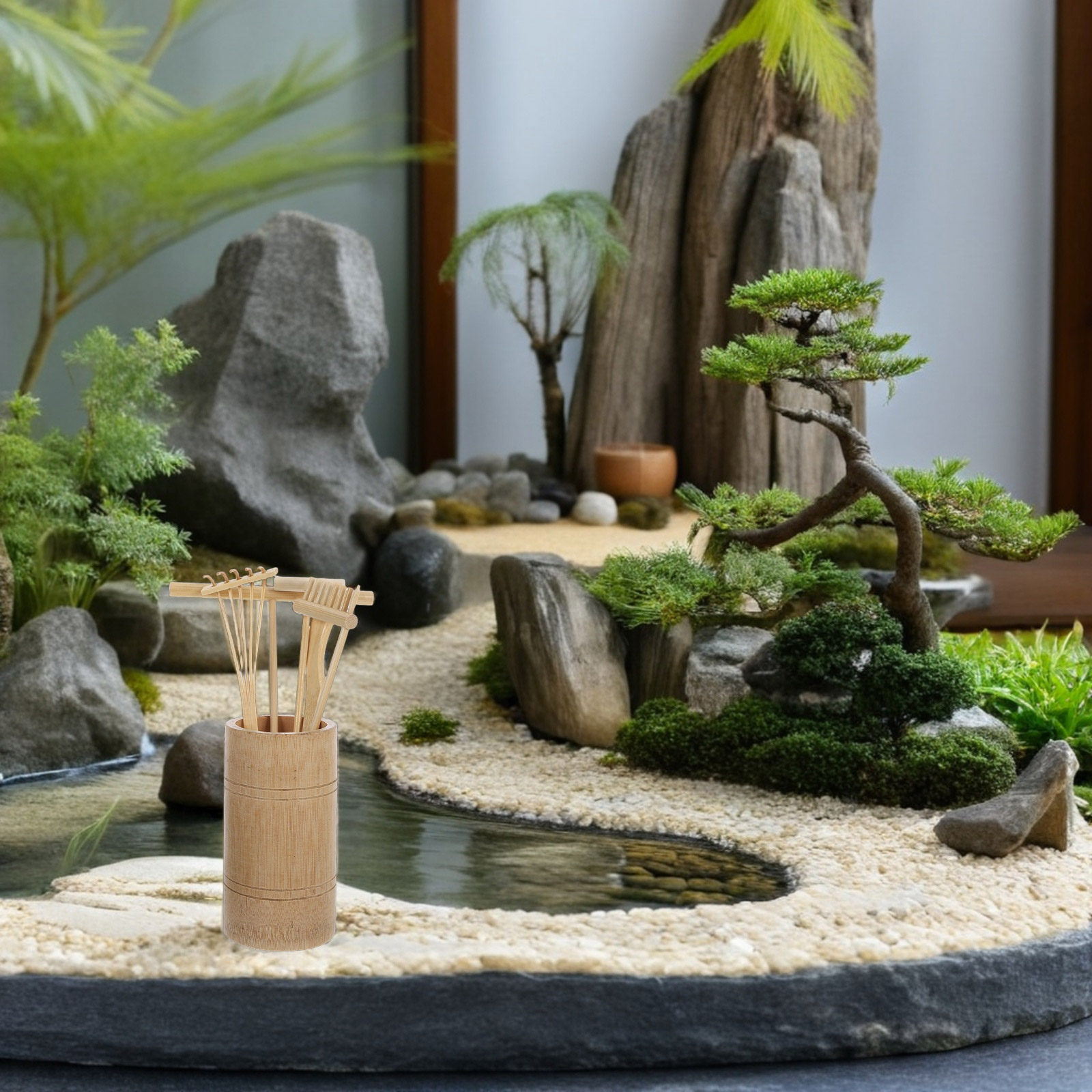 Zen Gardening Tools - 1 zestaw mini narzędzi bambusowych do